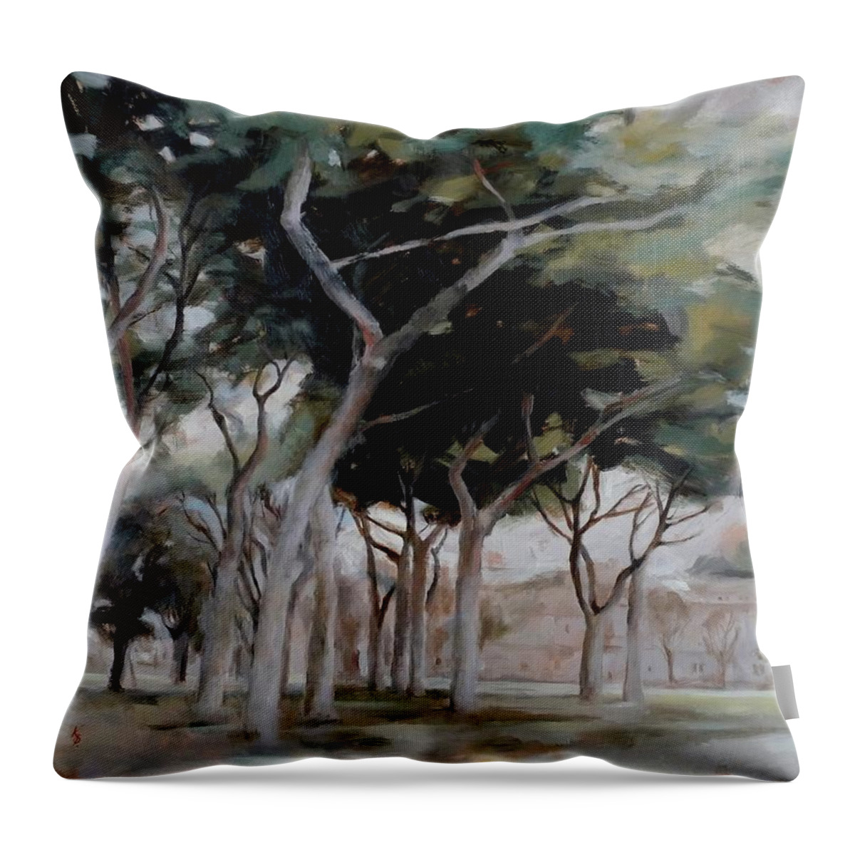 Trees Throw Pillow featuring the painting Park in Rom by Karina Plachetka