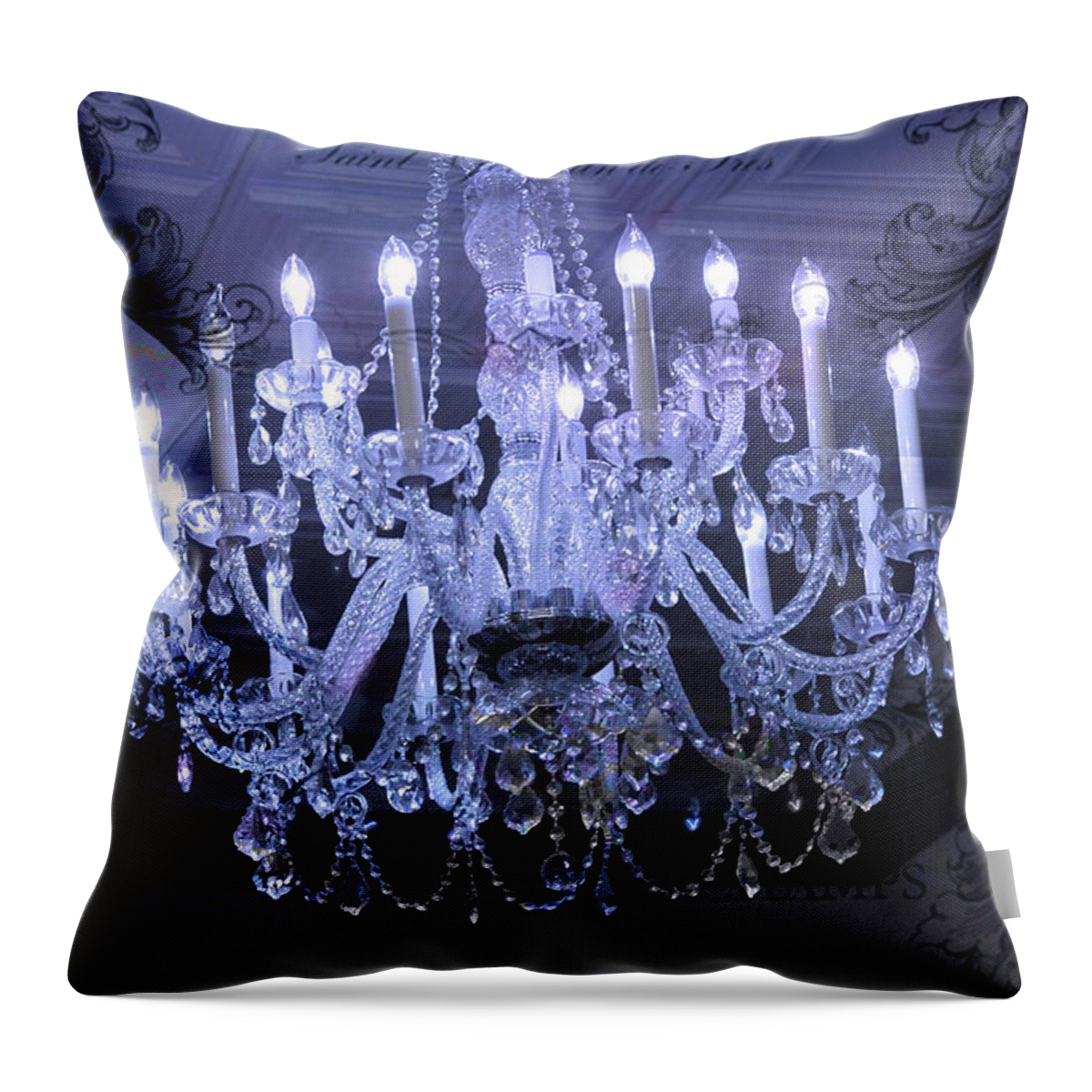 Paris Throw Pillow featuring the photograph Paris Blue Crystal Chandelier Sparkling Chandelier Art - Paris Blue Shimmering Chandelier Art Deco by Kathy Fornal