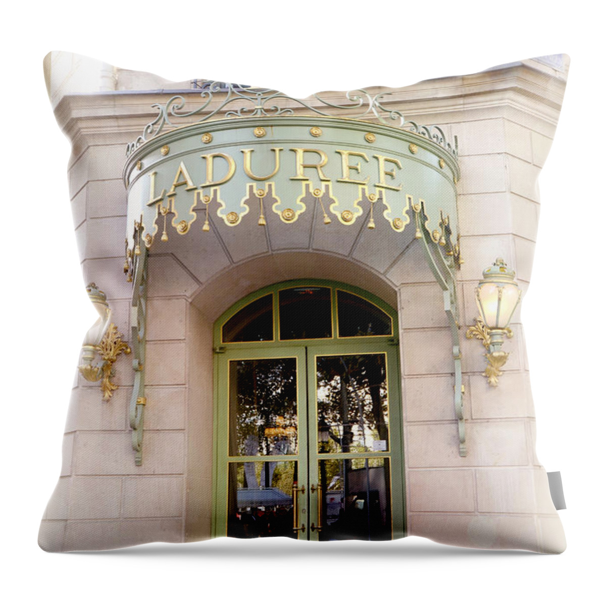 Paris Throw Pillow featuring the photograph Paris Laduree Door Architecture - Paris Laduree Pastel Architecture Paris Door - Laduree Door Paris by Kathy Fornal