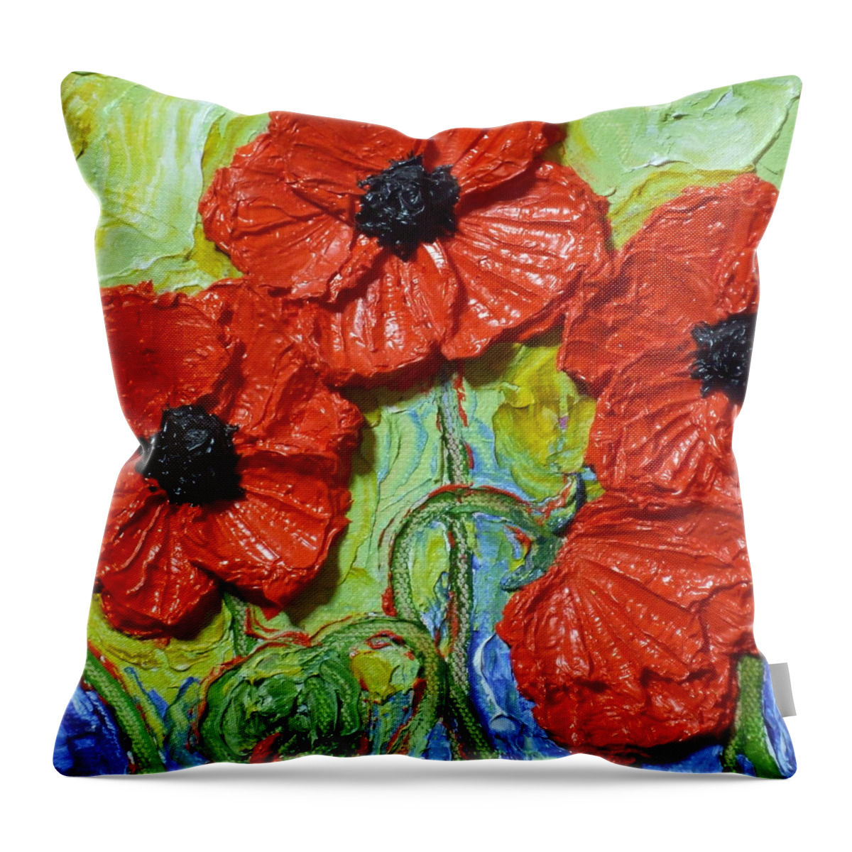 Poppies Throw Pillow featuring the painting Paris' Poppies in Red by Paris Wyatt Llanso