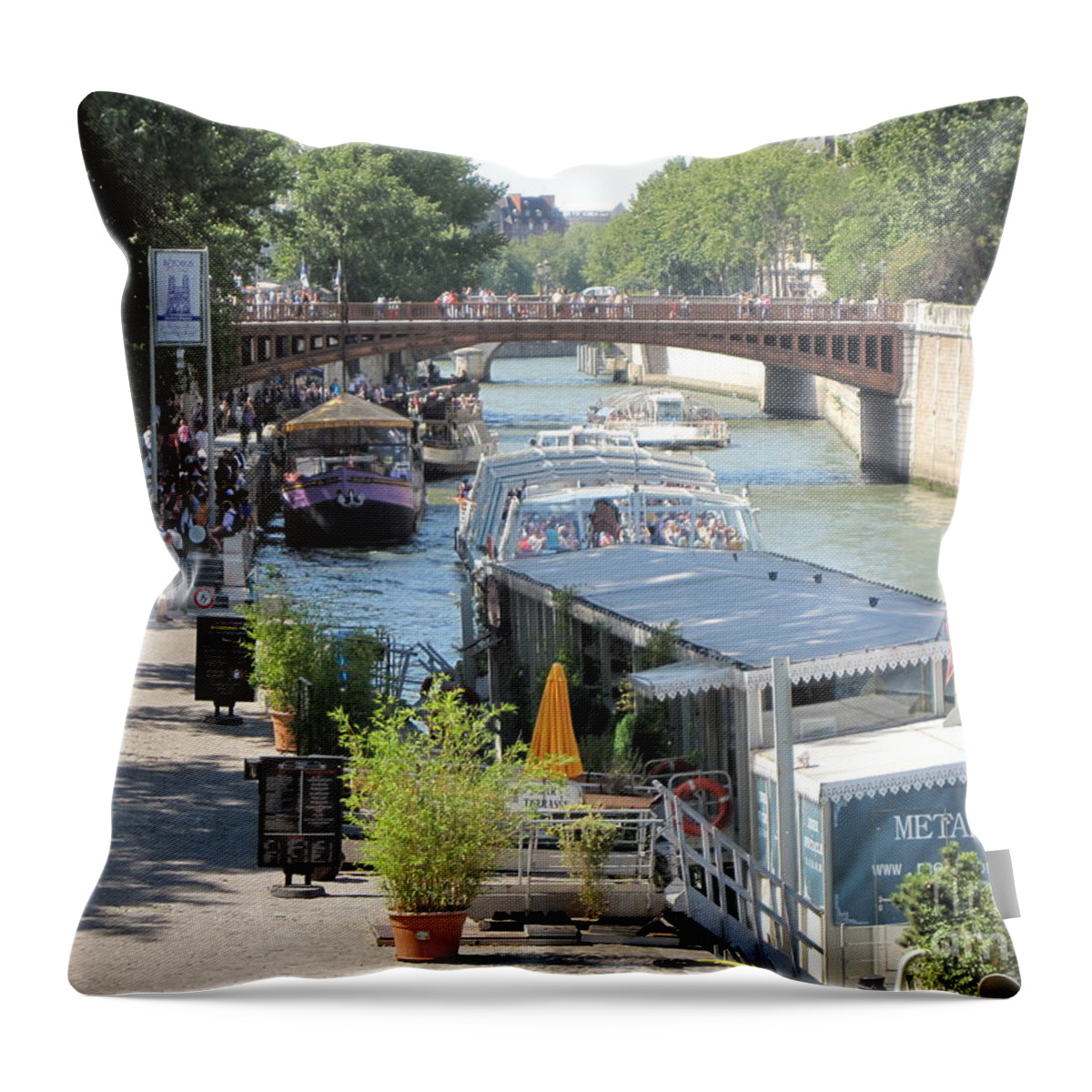 Bateau Mouche Throw Pillow featuring the photograph Paris - Seine Scene by HEVi FineArt