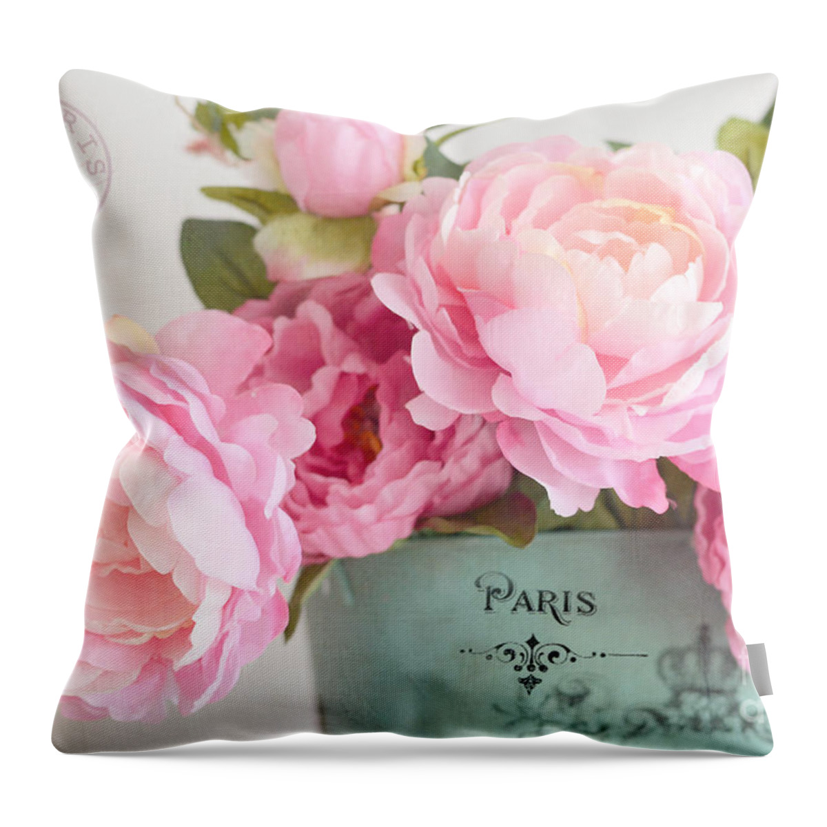Paris Throw Pillow featuring the photograph Paris Peonies Shabby Chic Dreamy Pink Peonies Romantic Cottage Chic Paris Peonies Floral Art by Kathy Fornal