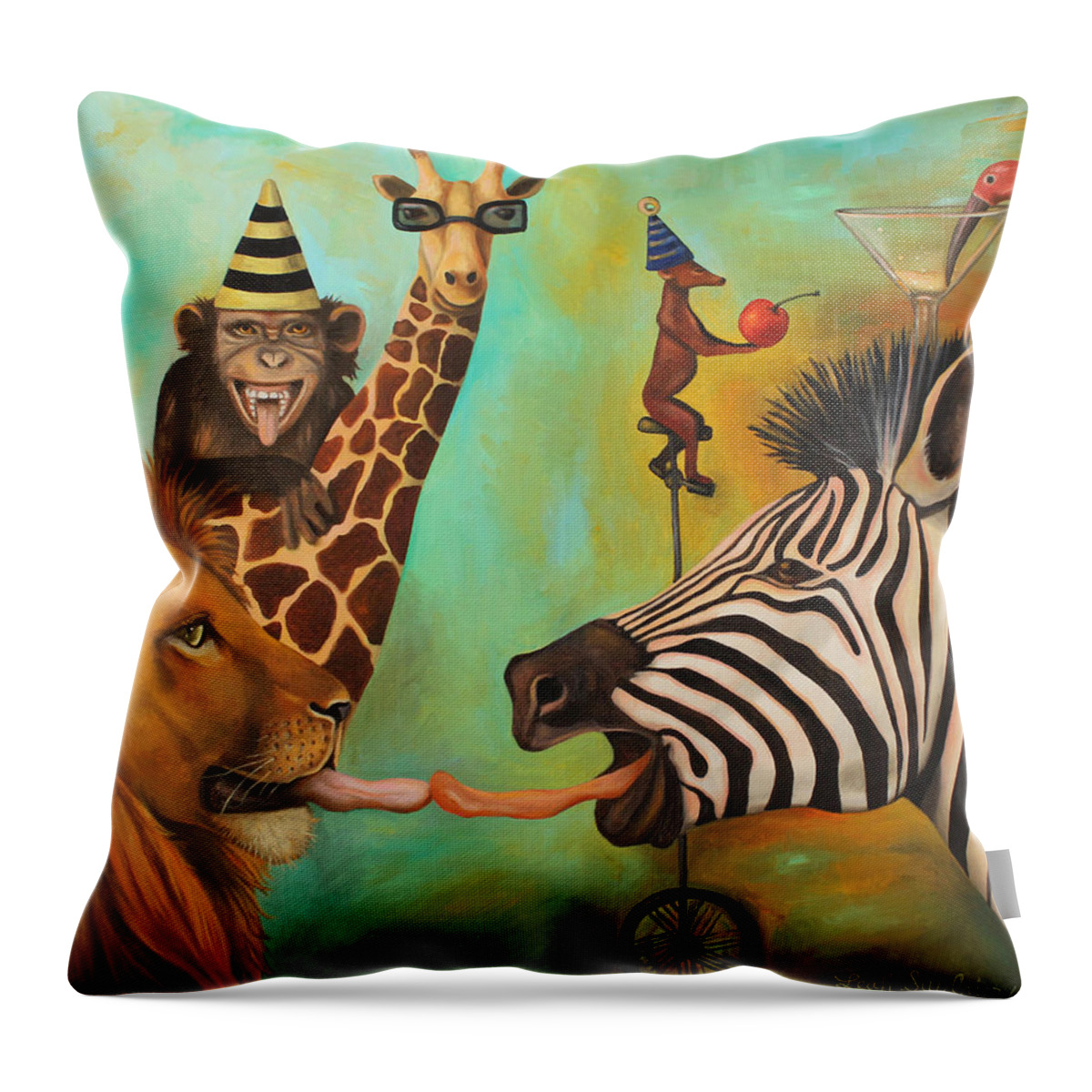 Chimp Throw Pillow featuring the painting Party Animals by Leah Saulnier The Painting Maniac