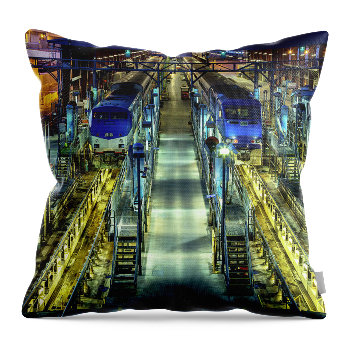 Tranquility Throw Pillow featuring the photograph Passenger Train Maintenance Yard At by Hal Bergman