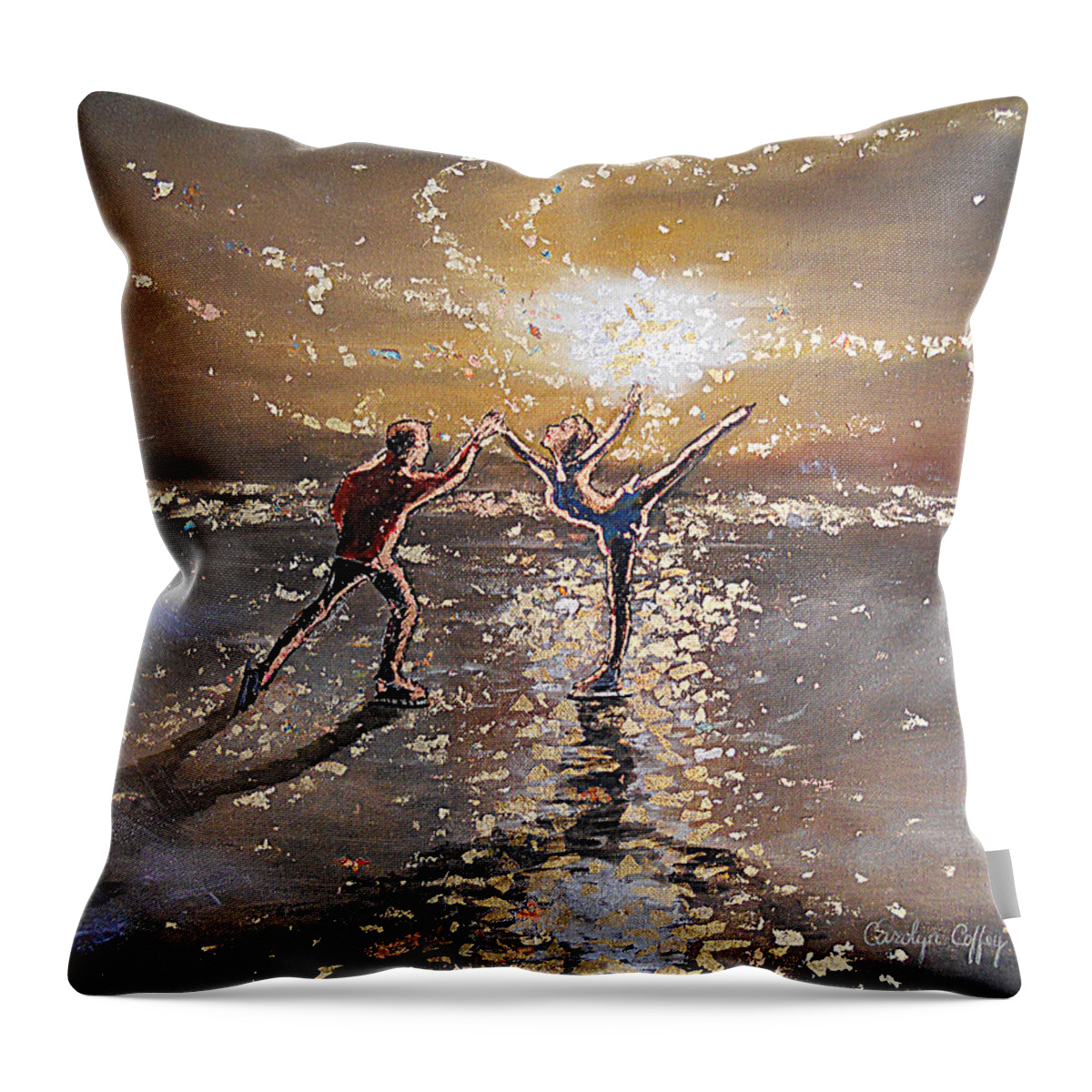 Gold Throw Pillow featuring the painting Passion to Perform Ice Skaters Golden Moment by Carolyn Coffey Wallace