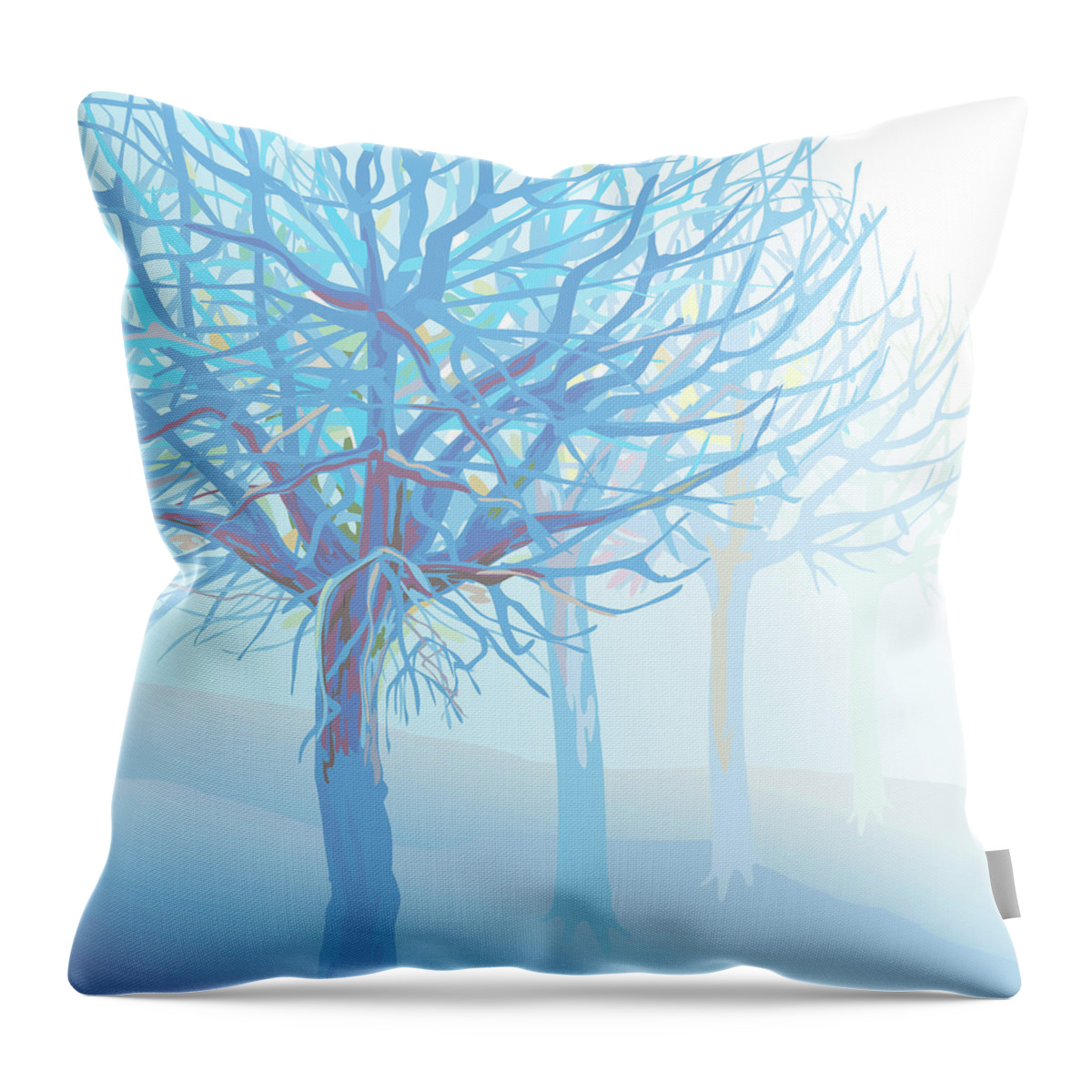 Scenics Throw Pillow featuring the digital art Pastel Blue Trees And Branches In Foggy by Charles Harker
