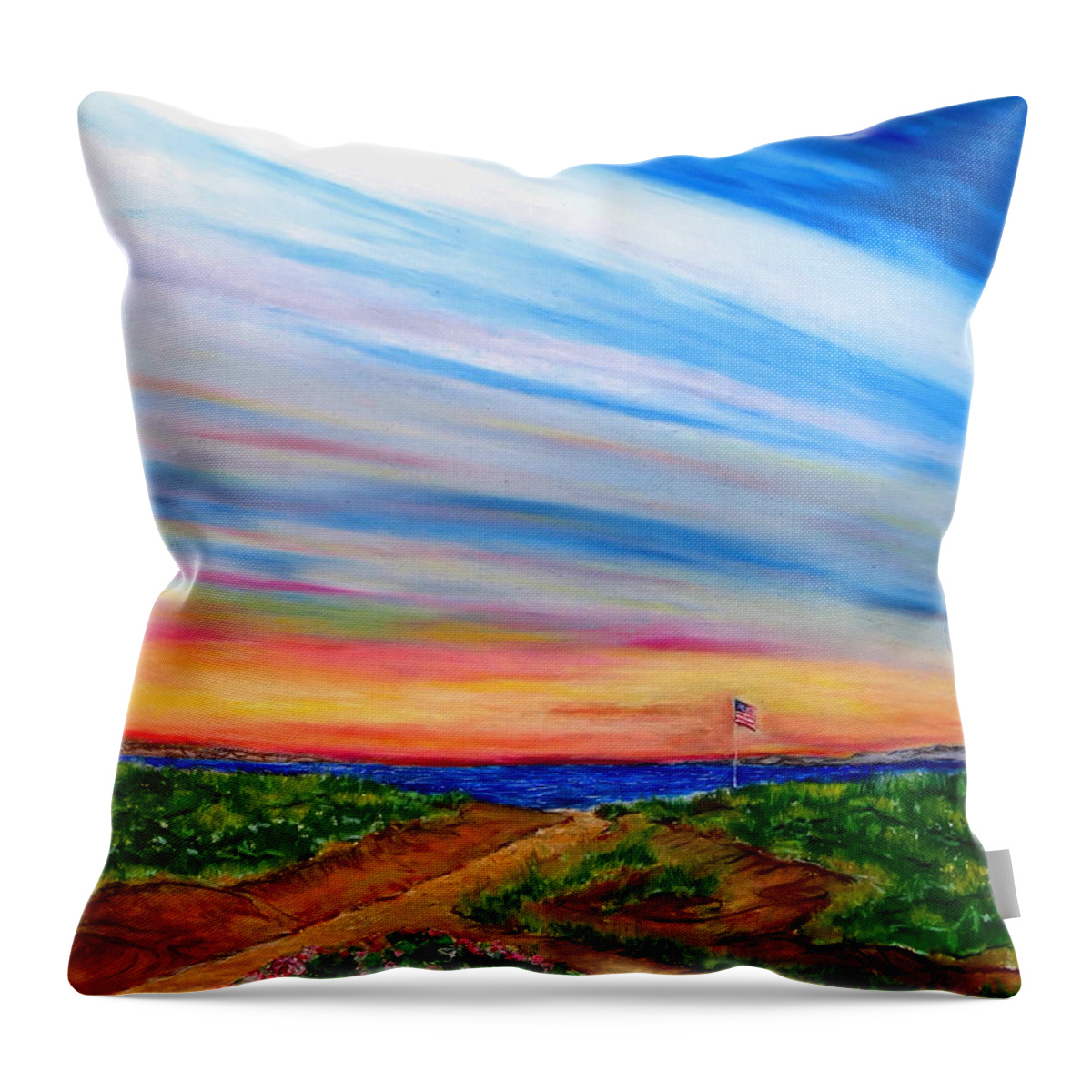Sky July 4th Freedom Independance Beach Saltwater Flowers Beachgrass Dunes Path Coastal Sunrise Water Ocean Waves Tide Colors Throw Pillow featuring the pastel Paths to Independance by Daniel Dubinsky