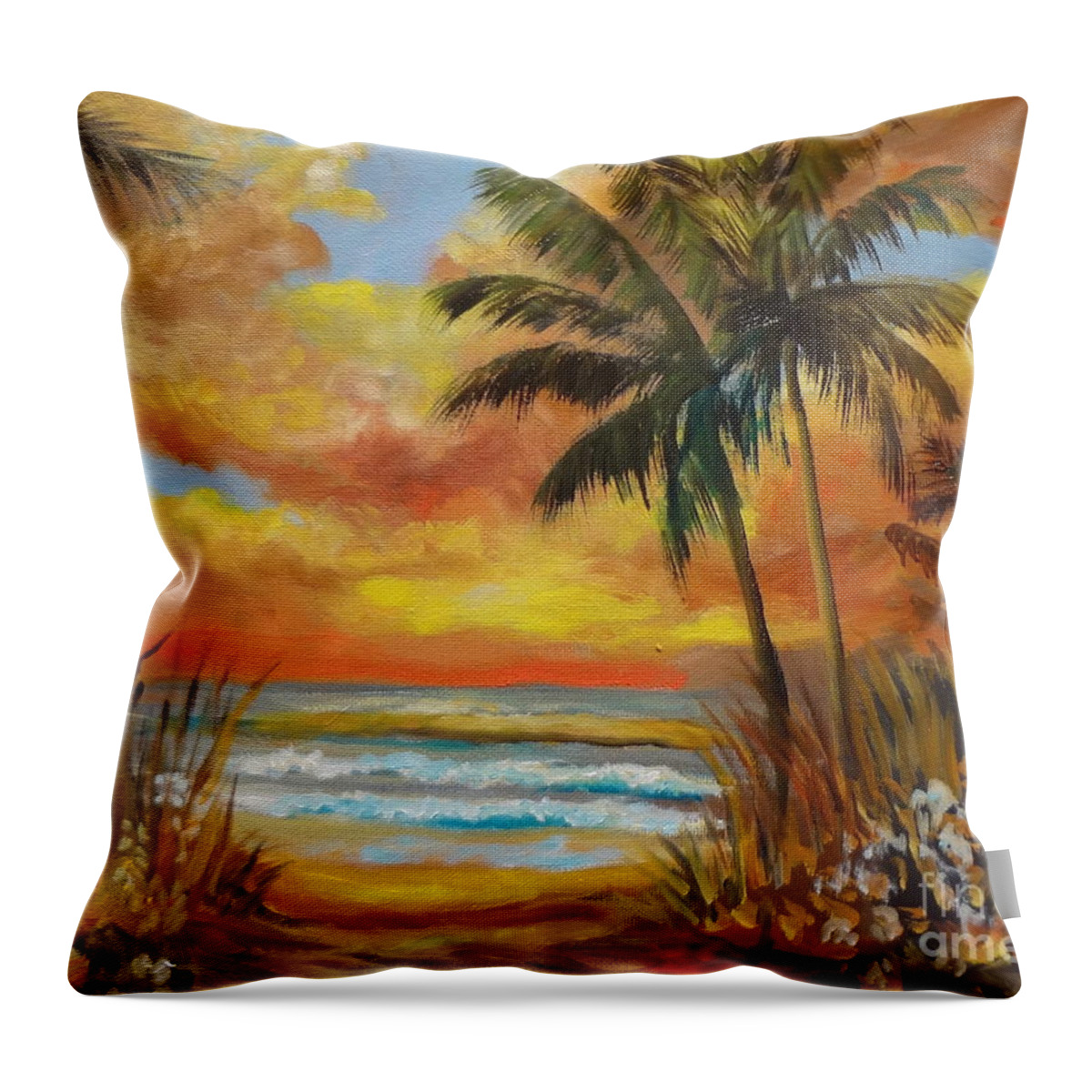 Tropical Sunset Print Throw Pillow featuring the painting Pathway to the Beach 11 by Jenny Lee