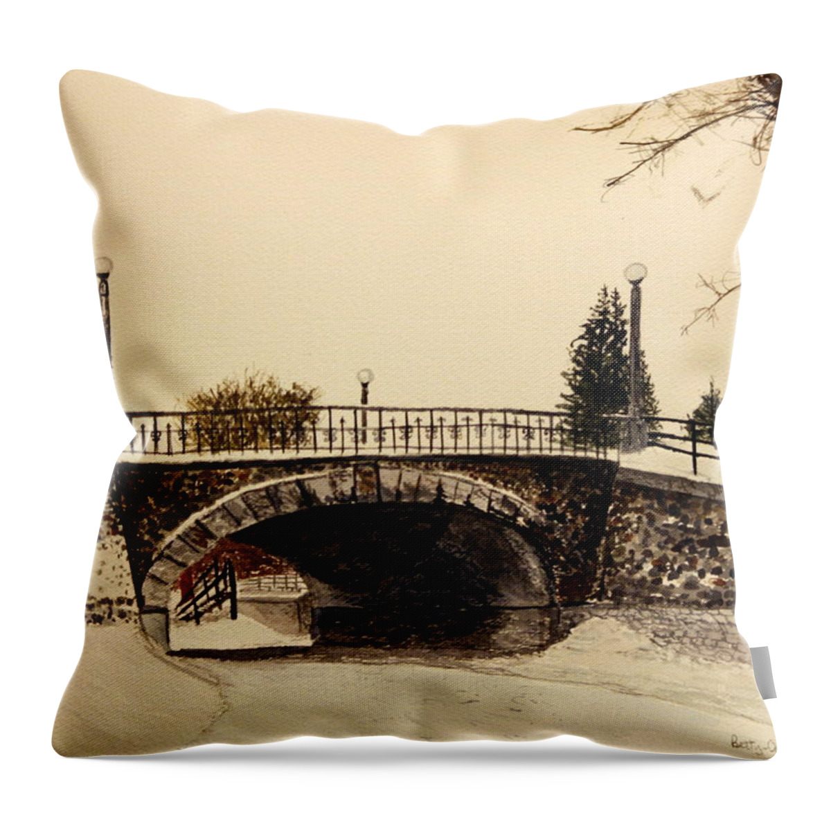 Bridge Throw Pillow featuring the painting Patterson Creek Bridge in Winter by Betty-Anne McDonald