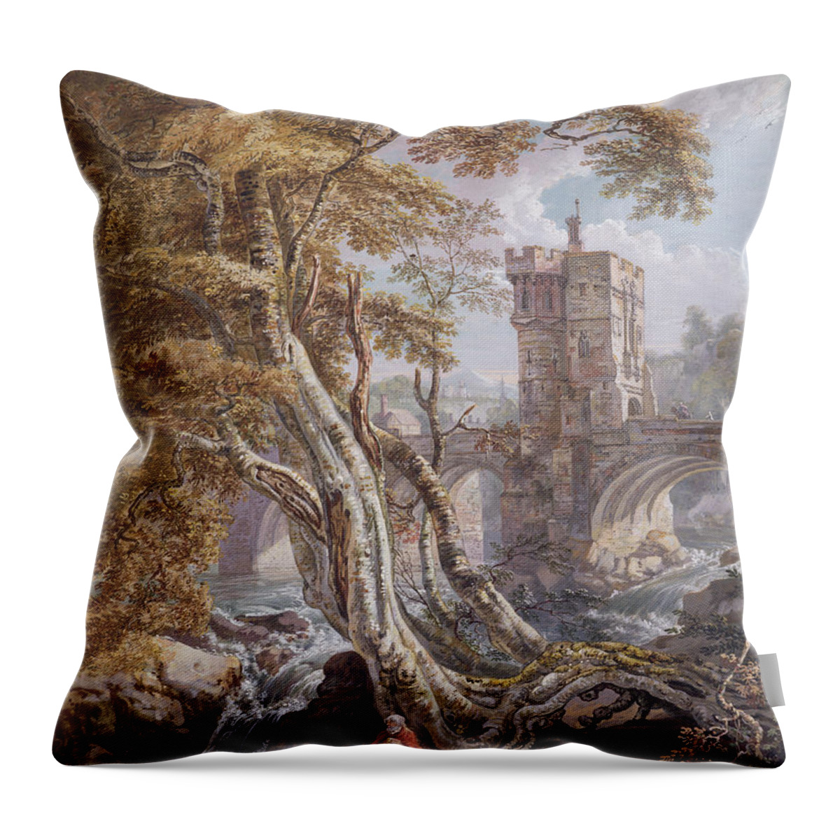View Of The Old Welsh Bridge Throw Pillow featuring the painting View Of The Old Welsh Bridge by Paul Sandby