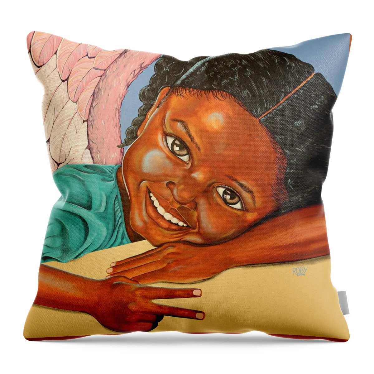 African American Female Child Depicted As An Angel. Throw Pillow featuring the painting Peace by William Roby