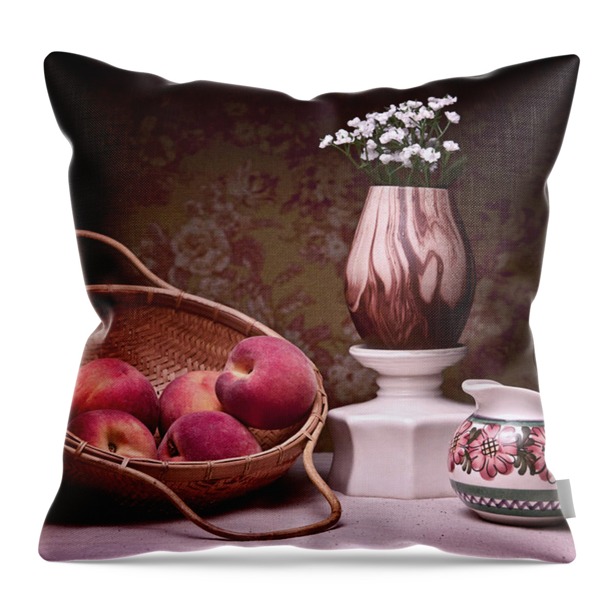 Baby's Breath Throw Pillow featuring the photograph Peaches and Cream Sill Life by Tom Mc Nemar