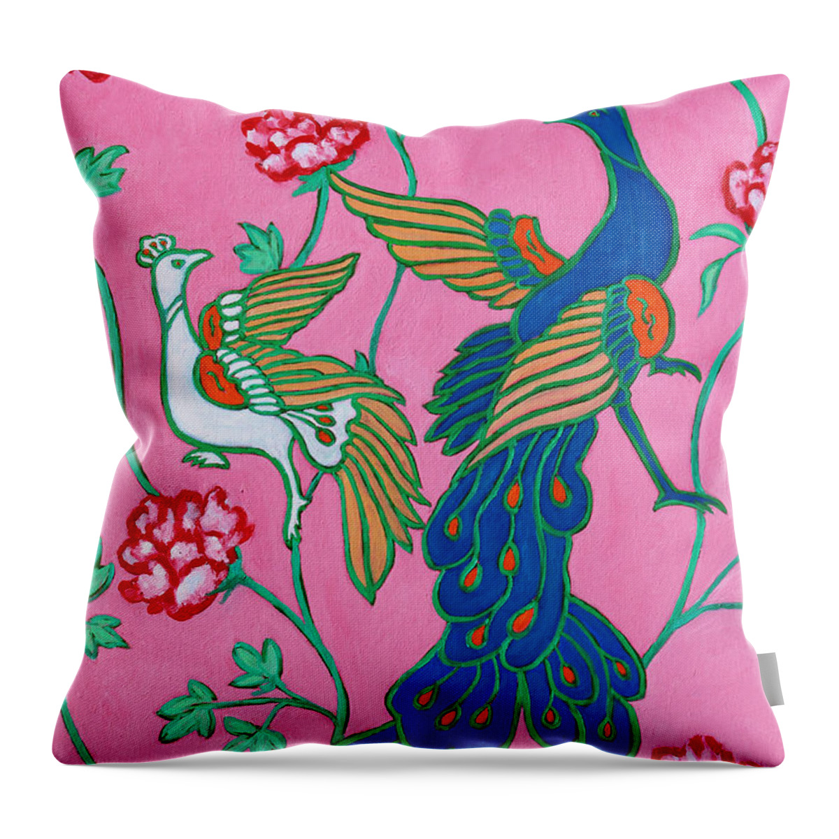 Peacock Throw Pillow featuring the painting Peacocks Flying Southeast by Xueling Zou