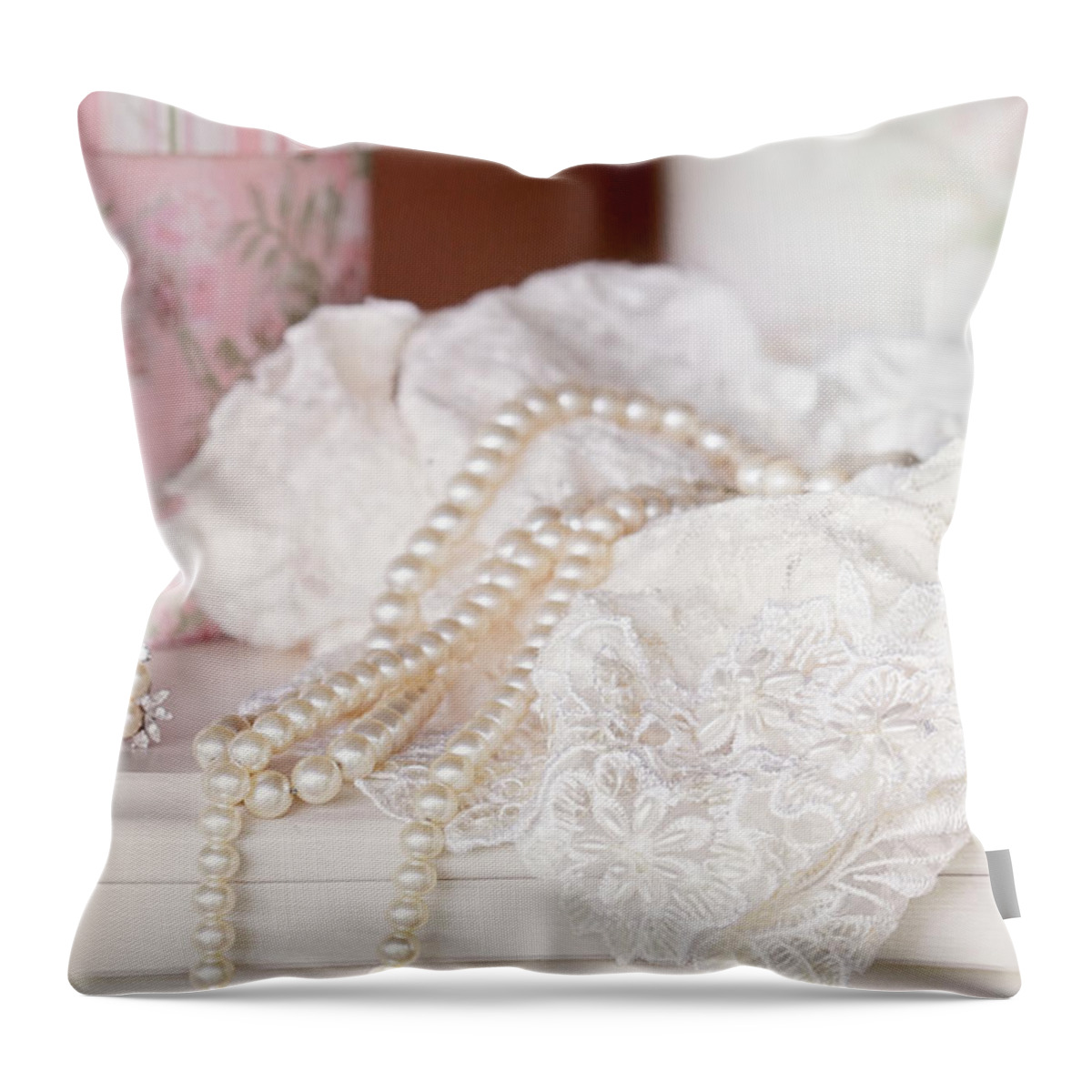 Sleeping Attire Throw Pillow featuring the photograph Pearls and Lacy Lingerie by Stephanie Frey