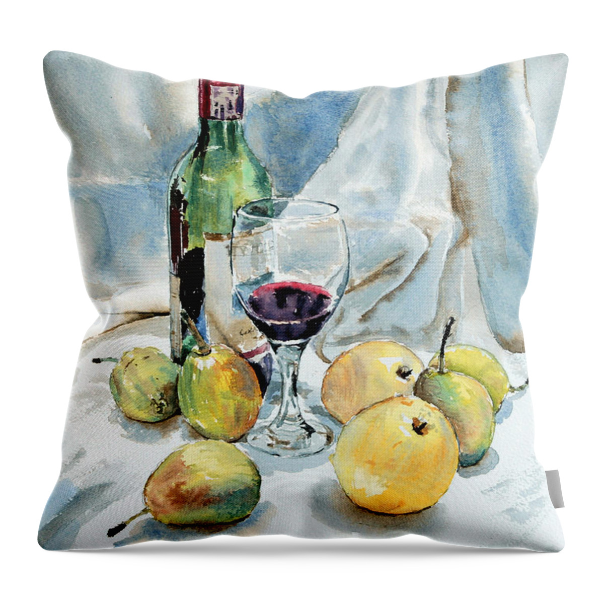 Pears Throw Pillow featuring the painting Pears and Wine by Joey Agbayani