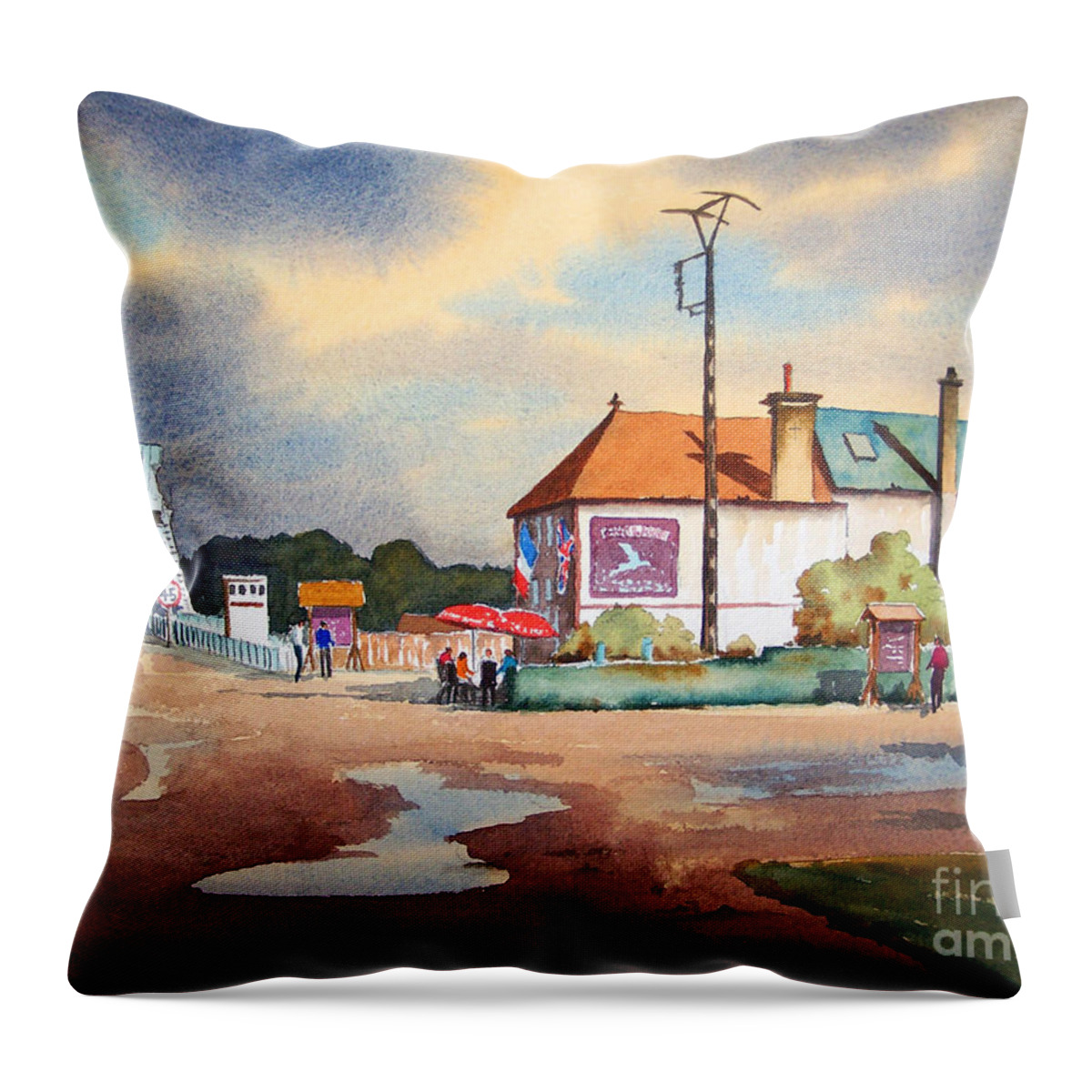 Pegasus Bridge Throw Pillow featuring the painting Pegasus Bridge and Cafe Gondree by Bill Holkham