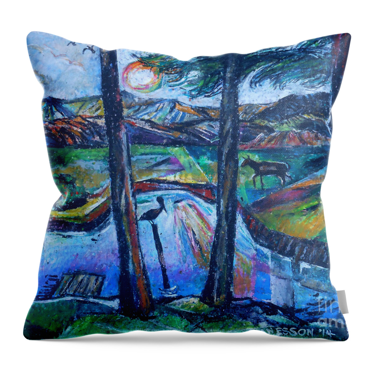 Pelican Throw Pillow featuring the painting Pelican and Moose In Landscape by Stan Esson