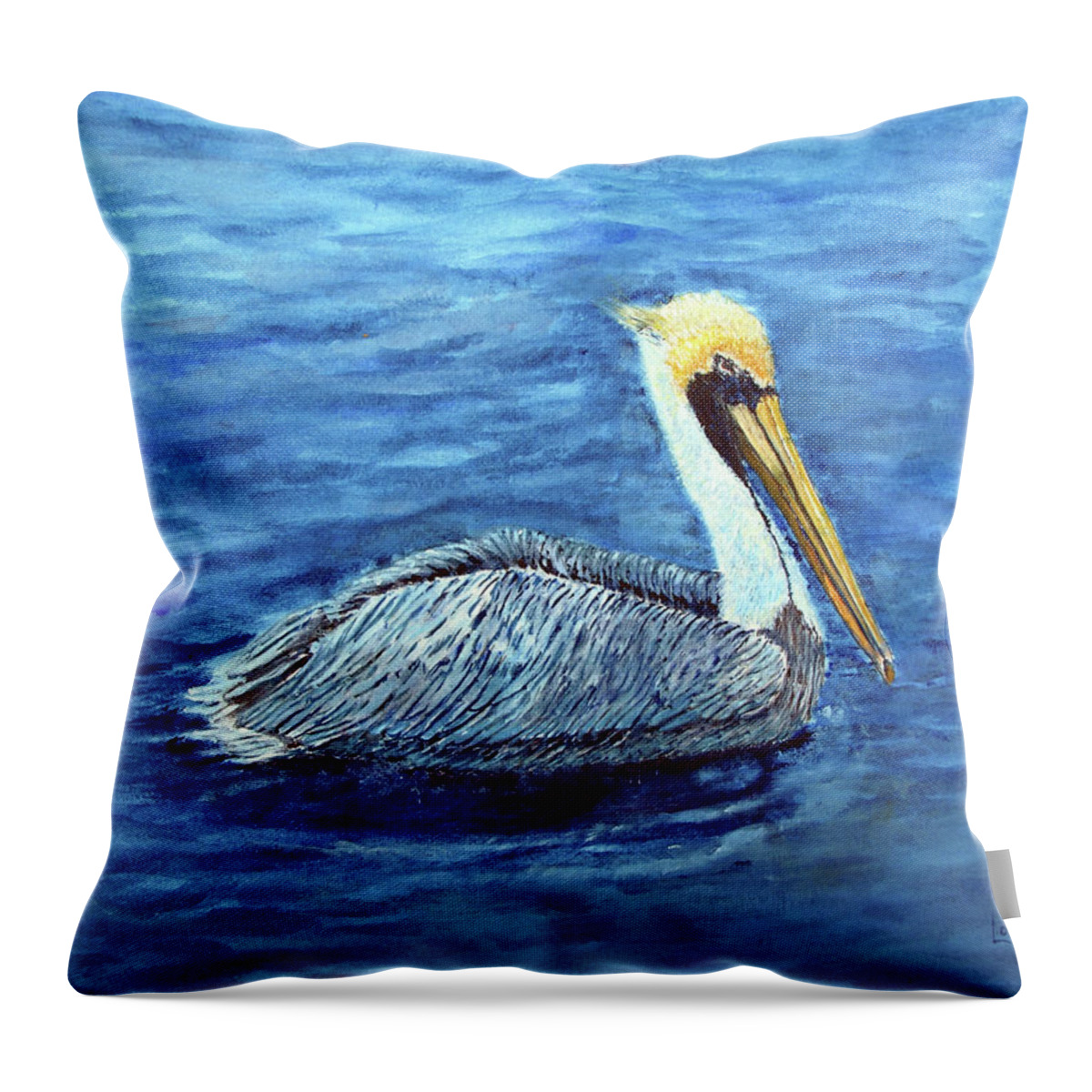 Brown Pelican Throw Pillow featuring the painting Pelican by Loretta Luglio