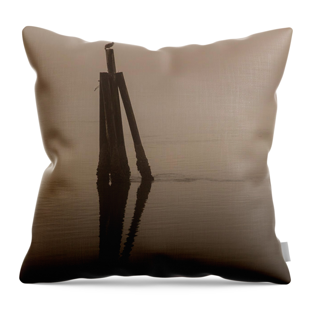 Foggy Throw Pillow featuring the photograph Pelican on a Stick by Monte Arnold