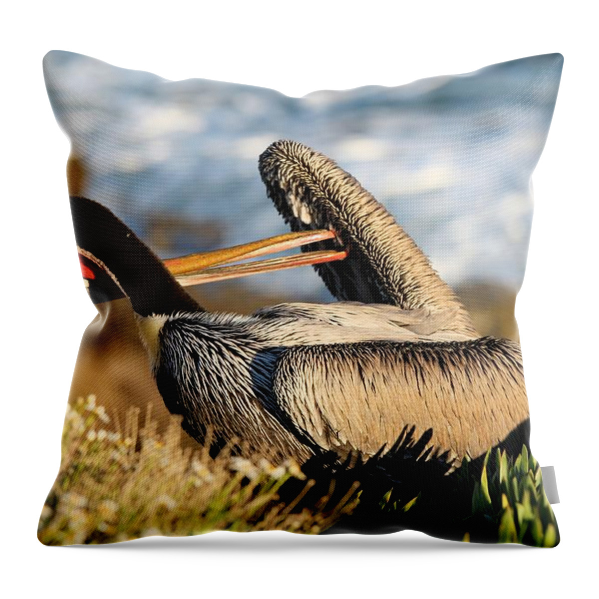 Pelican Throw Pillow featuring the photograph Pelican Twisting by Jane Girardot