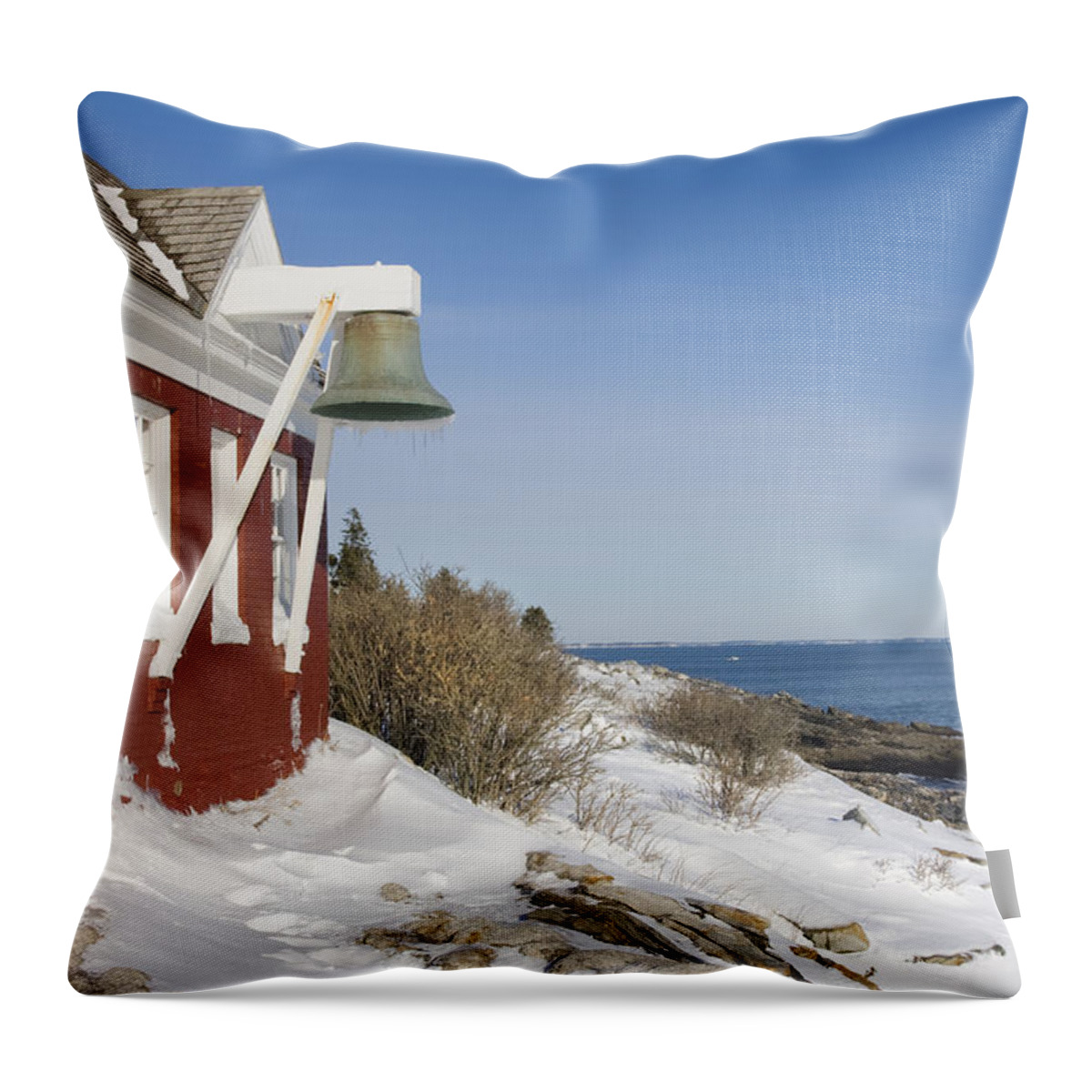 Pemaquid Point Lighthouse Throw Pillow featuring the photograph Pemaquid Point Bell House on the Maine Coast by Keith Webber Jr