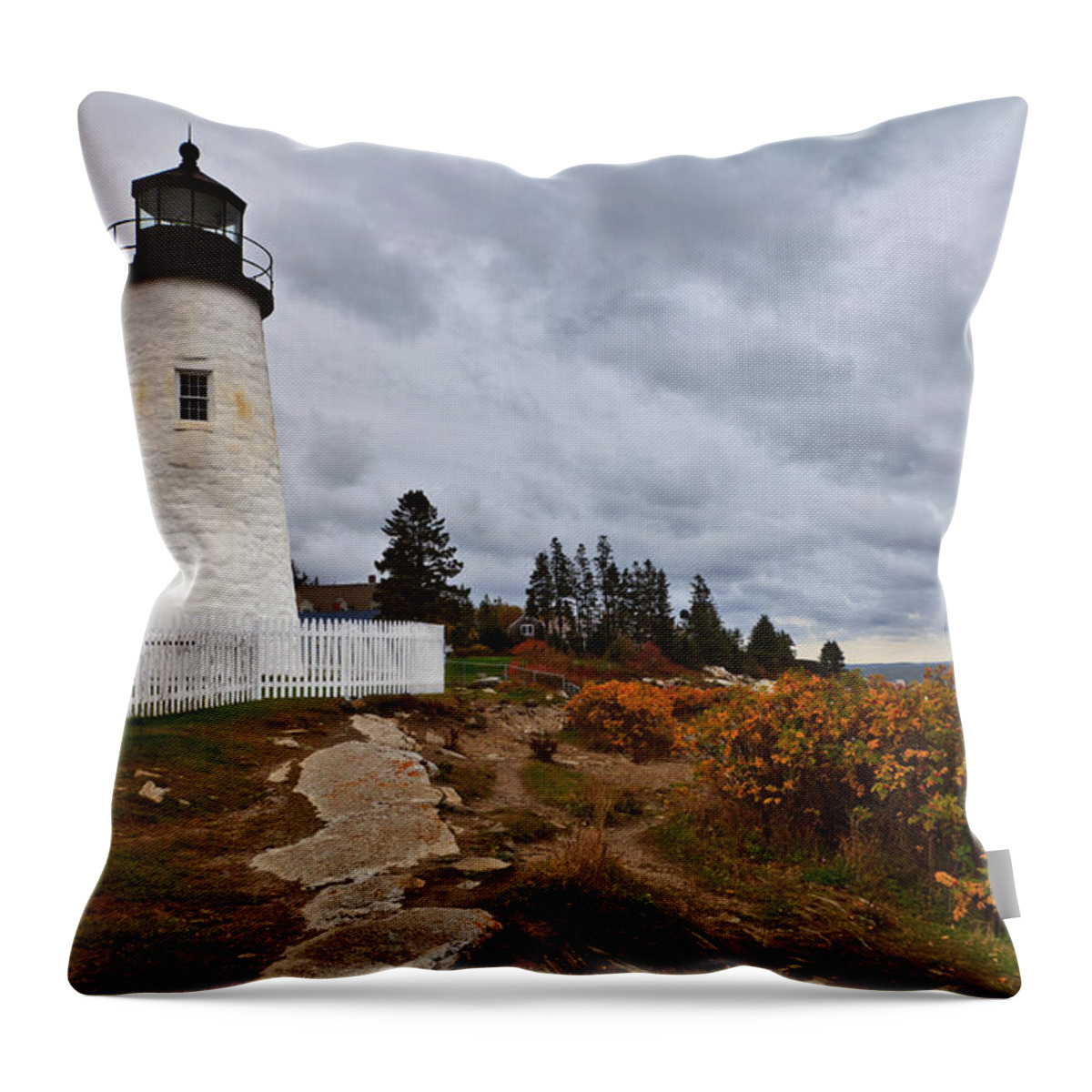 Lighthouse Throw Pillow featuring the photograph Stormy Autumn Day at Pemaquid Point Lighthouse by David Smith