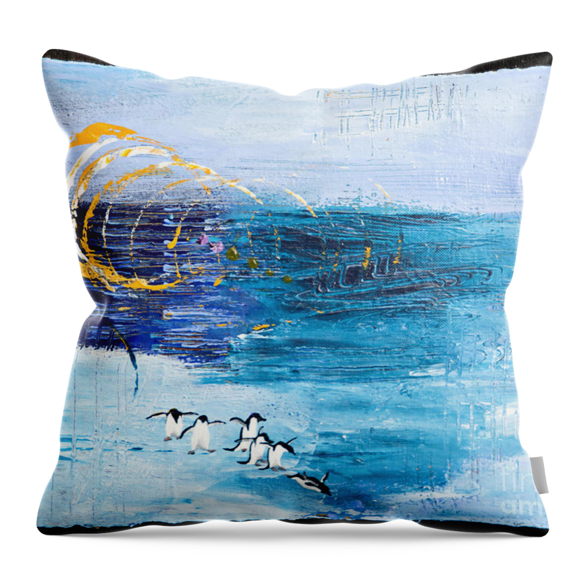 Abstract Throw Pillow featuring the painting Penguins Abstract by Tracy L Teeter 
