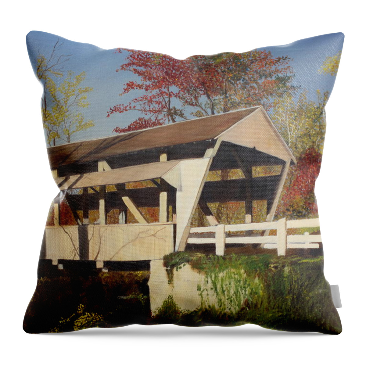 covered Bridge Throw Pillow featuring the painting Pennsylvania Covered Bridge by Barbara McDevitt