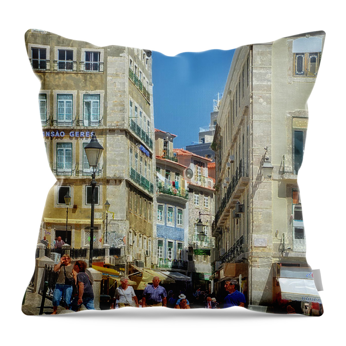 Pensao Geres Throw Pillow featuring the photograph Pensao Geres - Lisbon by Mary Machare
