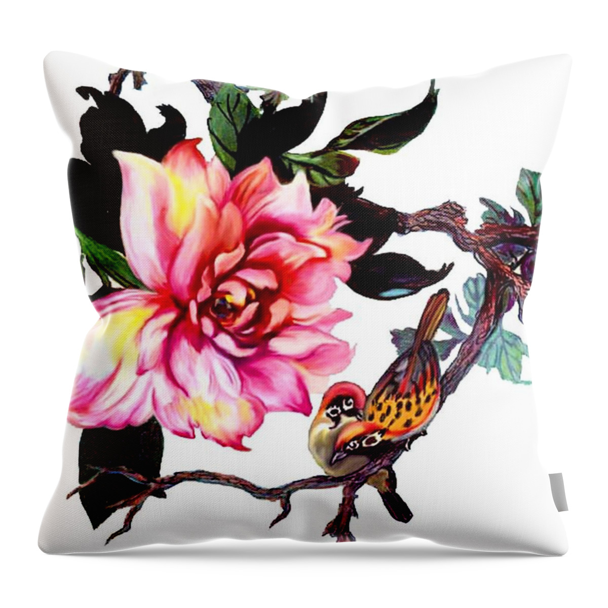 Peony Throw Pillow featuring the mixed media Peony and Birds by Anthony Seeker