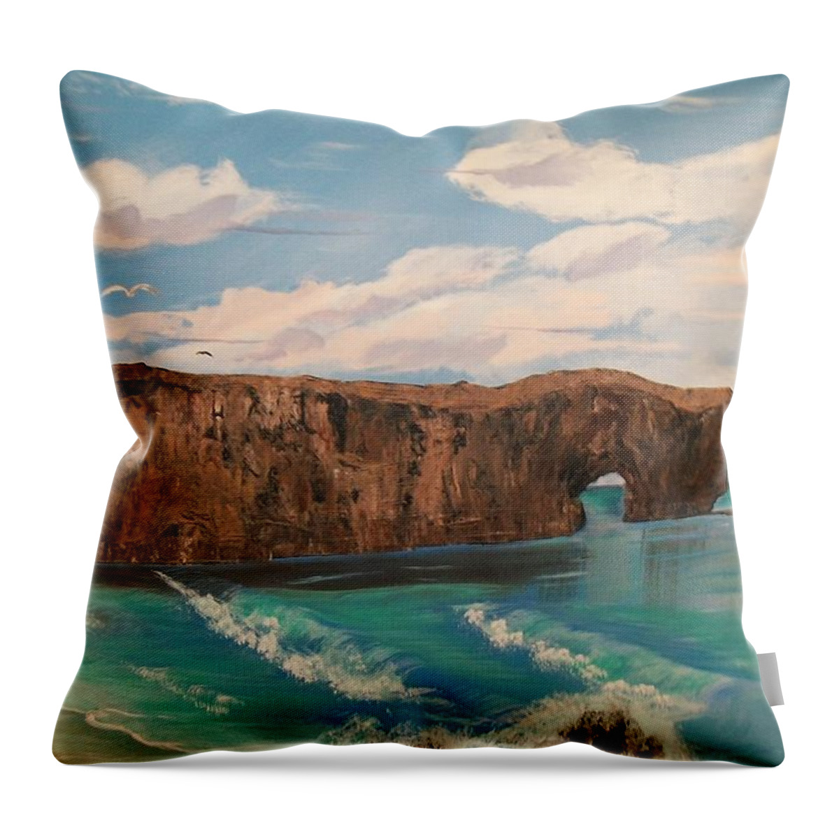 Large Rock.ocean Throw Pillow featuring the painting Perce Rock Gaspe Quebec by Sharon Duguay