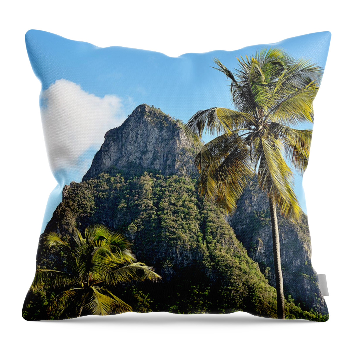 Piton Throw Pillow featuring the photograph Petit Piton and Palm Tree - St. Lucia by Brendan Reals