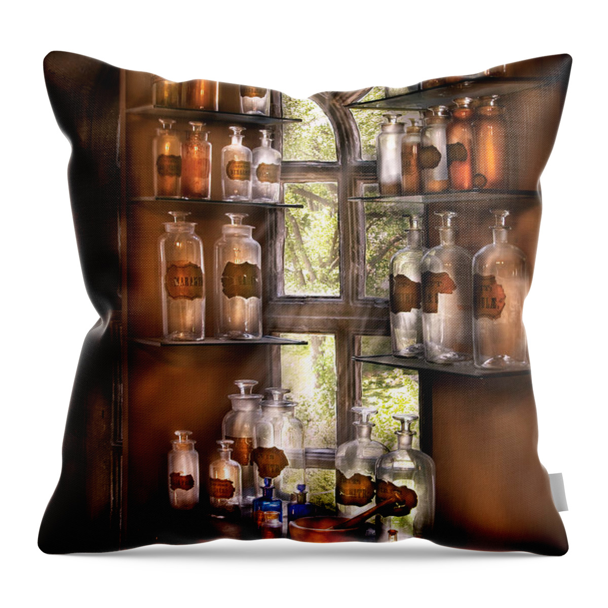 Pharmacy Throw Pillow featuring the photograph Pharmacist - Various Potions by Mike Savad