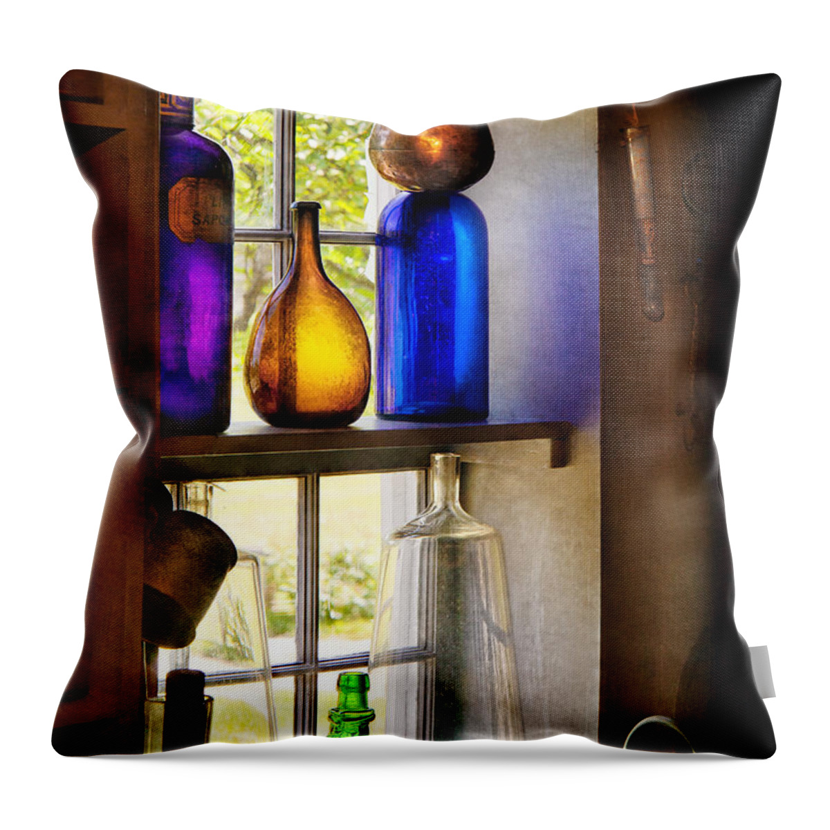 Hdr Throw Pillow featuring the photograph Pharmacy - Colorful glassware by Mike Savad