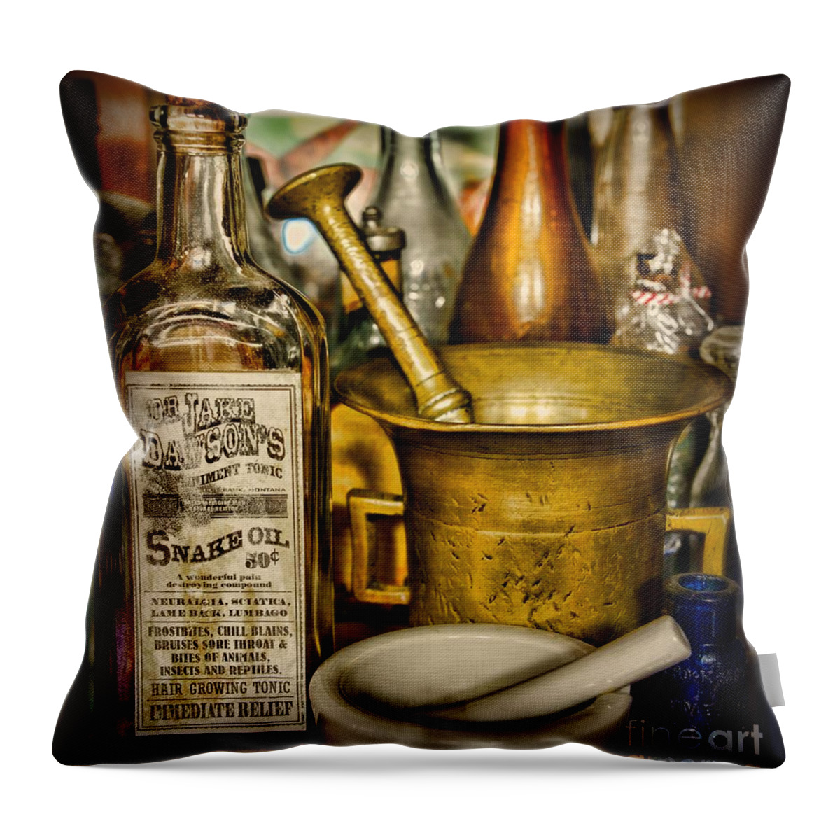 Paul Ward Throw Pillow featuring the photograph Pharmacy - Snake Oil -Dr. Jake Dawson by Paul Ward