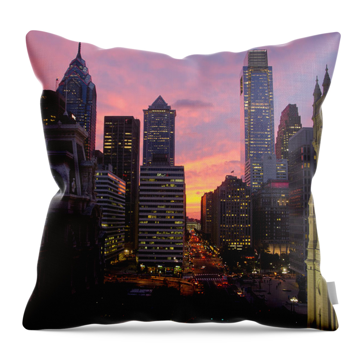 Philadelphia Throw Pillow featuring the photograph Philadelphia city center at sunset by Perry Van Munster