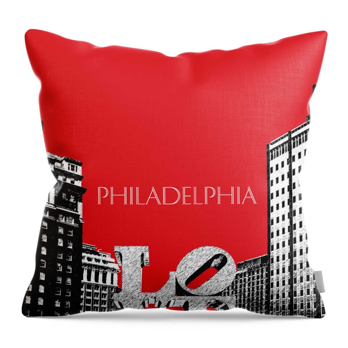 Architecture Throw Pillow featuring the digital art Philadelphia Skyline Love Park - Red by DB Artist