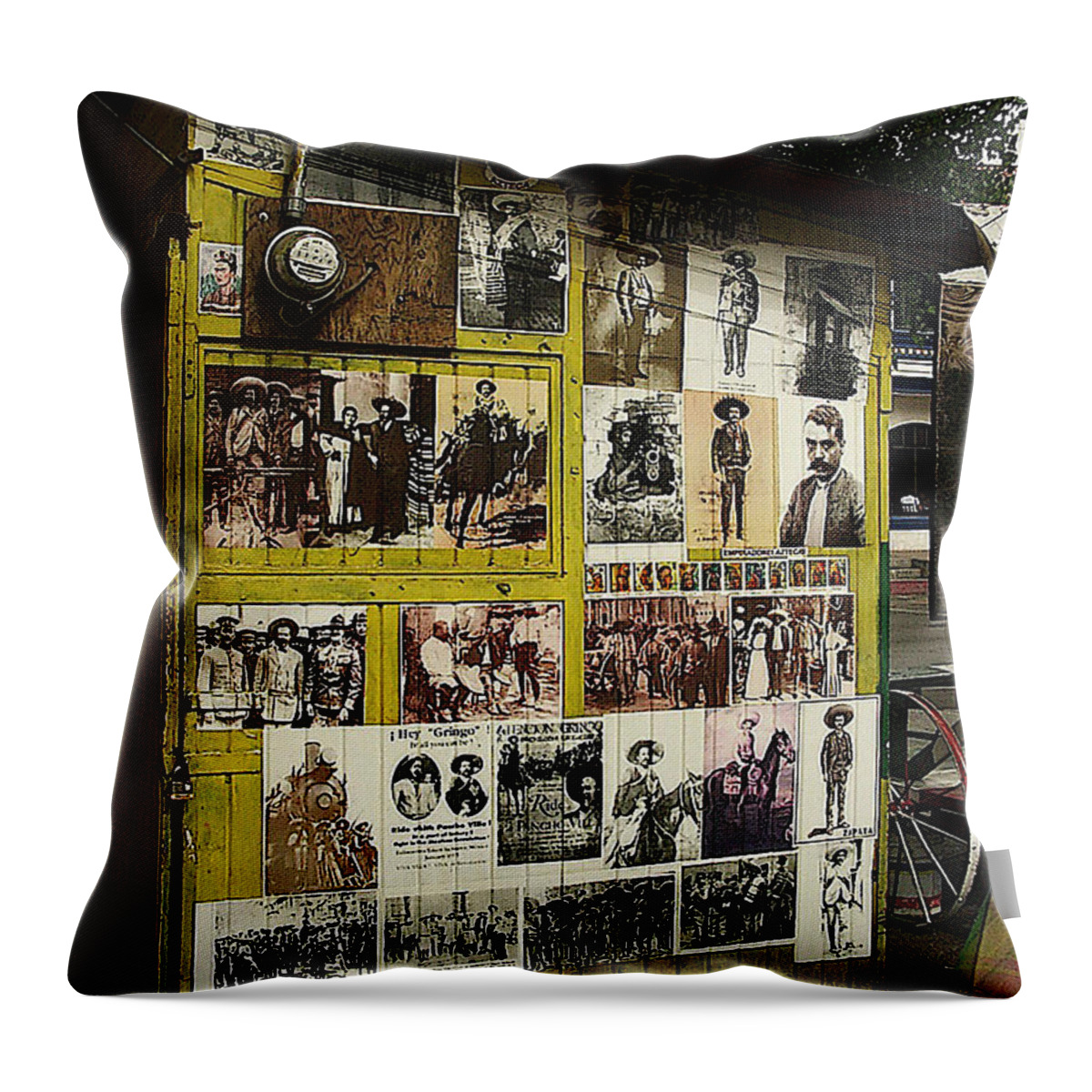 Photos Mexican Revolution Street Photographer's Shed Nogales Sonora Mexico 2003 Throw Pillow featuring the photograph Photos Mexican revolution street photographer's shed Nogales Sonora Mexico 2003 by David Lee Guss