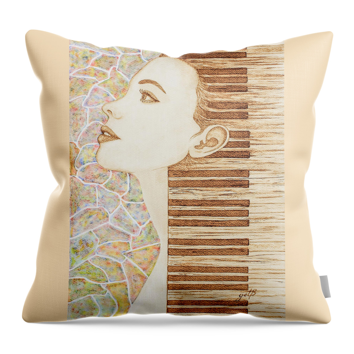 Woman Face Throw Pillow featuring the painting Piano Spirit Original Coffee and Watercolors Series by Georgeta Blanaru