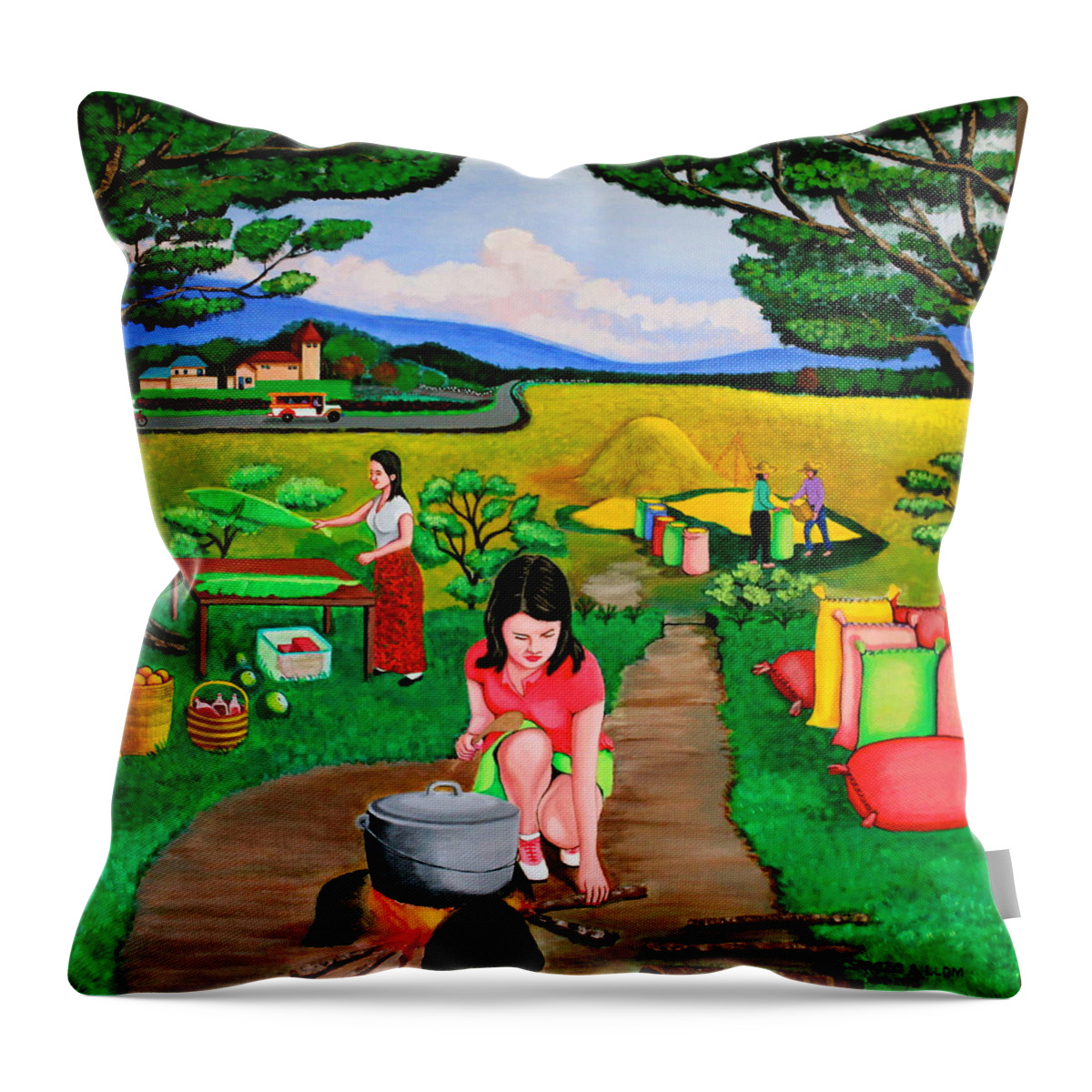 All Products Throw Pillow featuring the painting Picnic with the Farmers by Lorna Maza