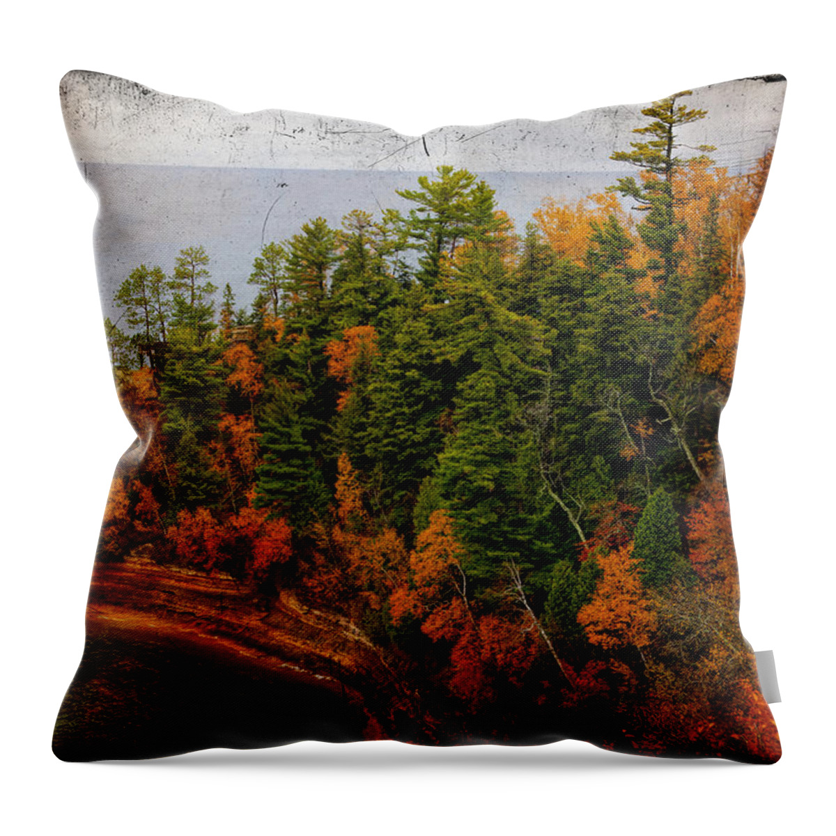Pictured Rocks Throw Pillow featuring the photograph Pictured Rocks Michigan with Tobacco Filter by Evie Carrier