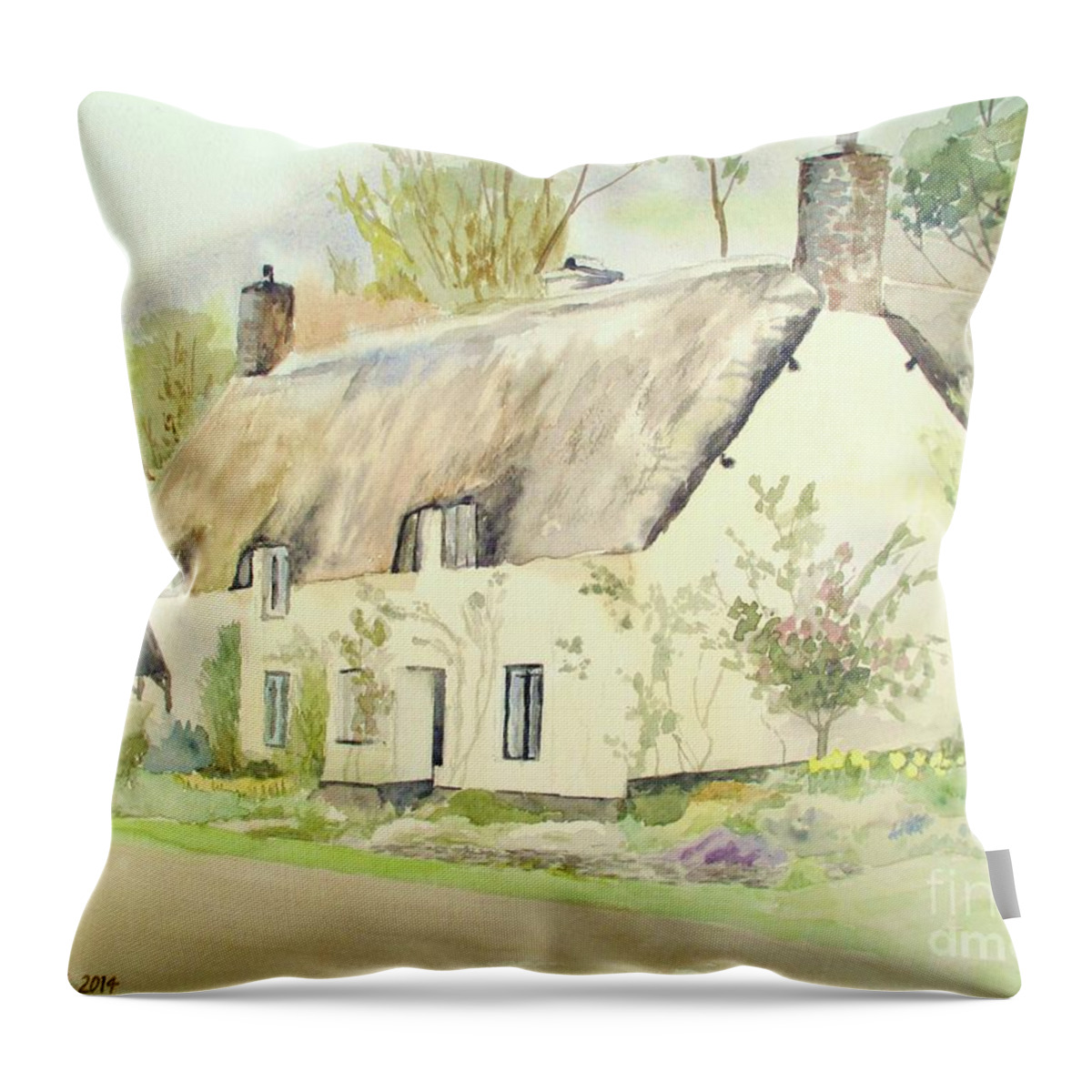 Dunster Throw Pillow featuring the painting Picturesque Dunster Cottage by Martin Howard