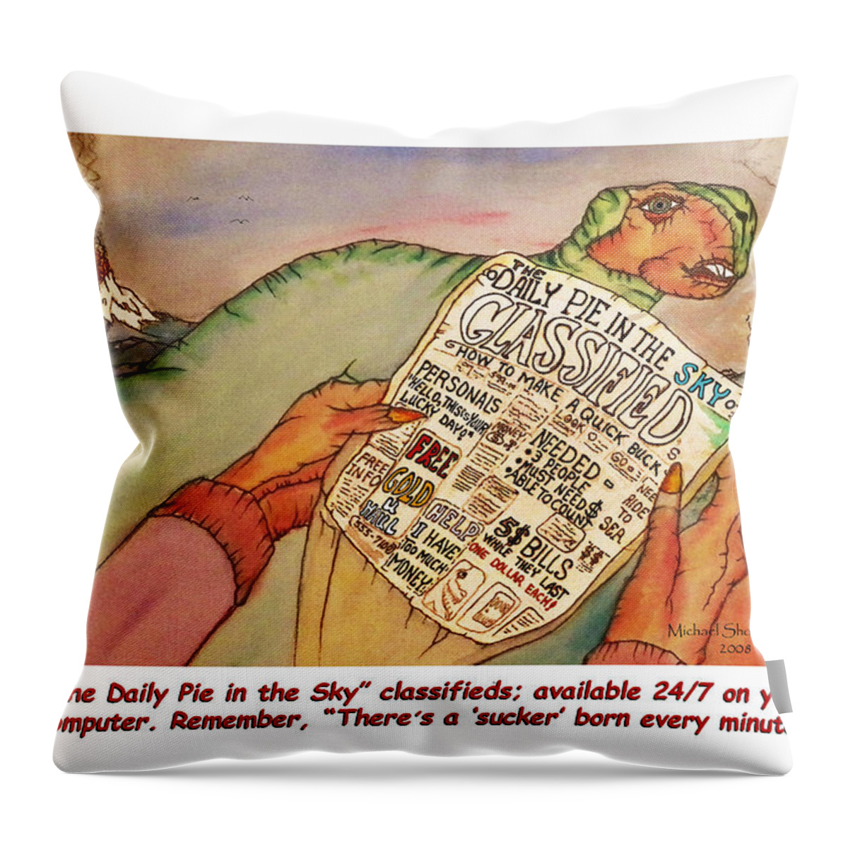 Dinosaurs Throw Pillow featuring the painting Pie in the Sky Money Deals by Michael Shone SR