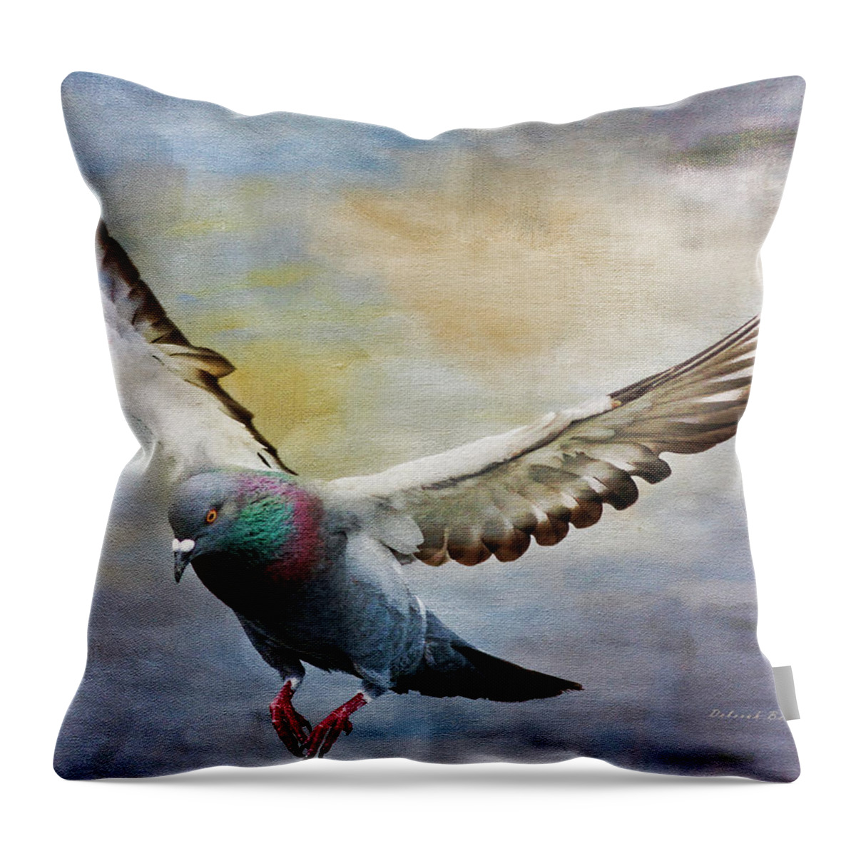 Pigeon Throw Pillow featuring the photograph Pigeon On Wing by Deborah Benoit