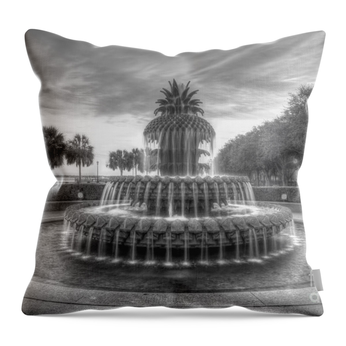 Pineapple Throw Pillow featuring the photograph Pineapple Fountain in Black and White by Dale Powell