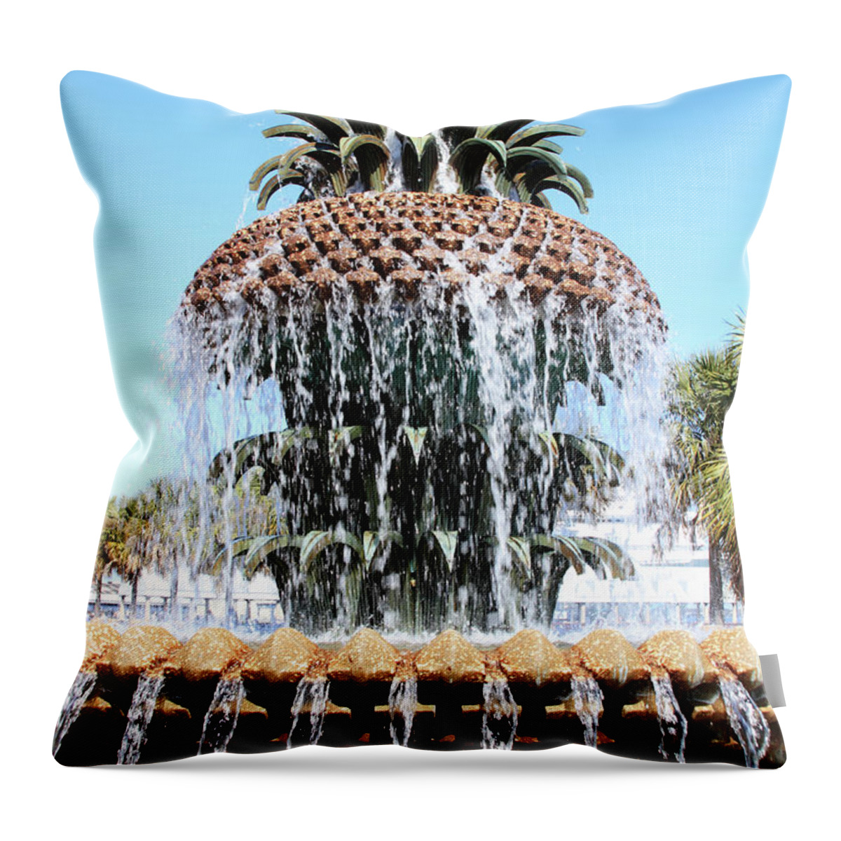 Downtown District Throw Pillow featuring the photograph Pineapple Water Fountain In Charleston by Noderog