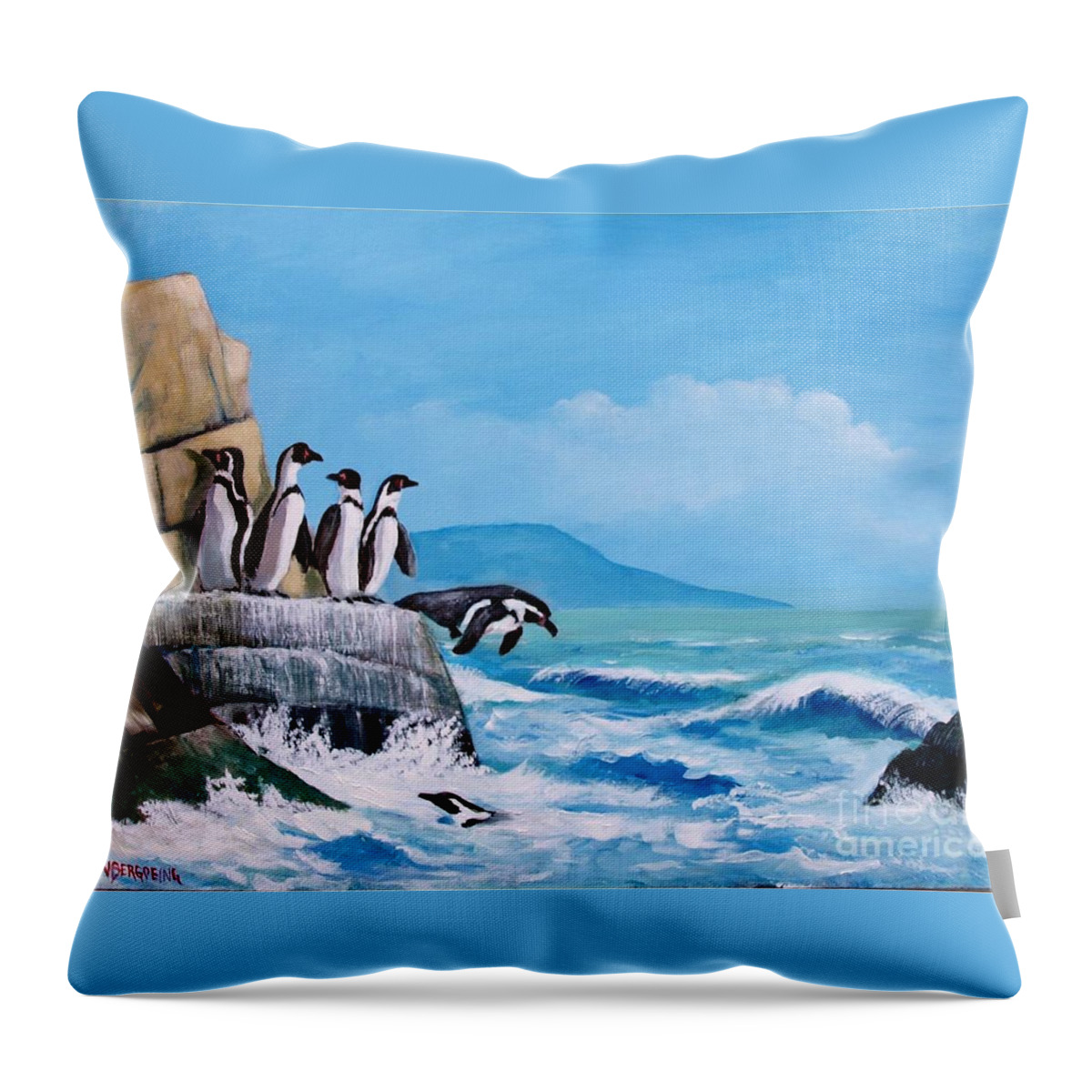 Pinguins Throw Pillow featuring the painting Pinguinos de Humboldt by Jean Pierre Bergoeing