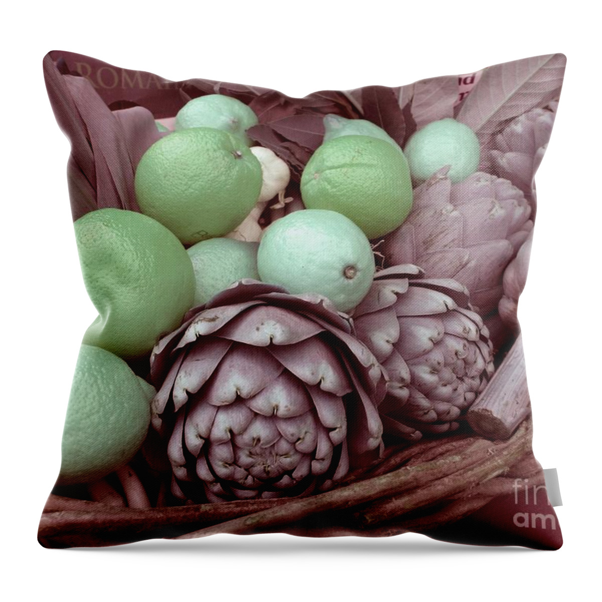 Fruit Throw Pillow featuring the photograph Pink Artichokes with Green Lemons and Oranges by James B Toy