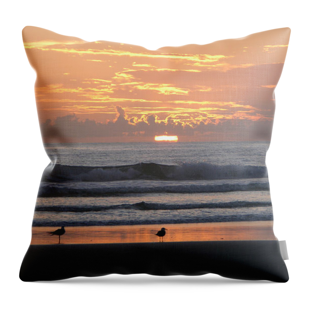 Beautiful Beach Sunrise Photographs Throw Pillow featuring the photograph Pink beach sunrise with seabirds by Julianne Felton