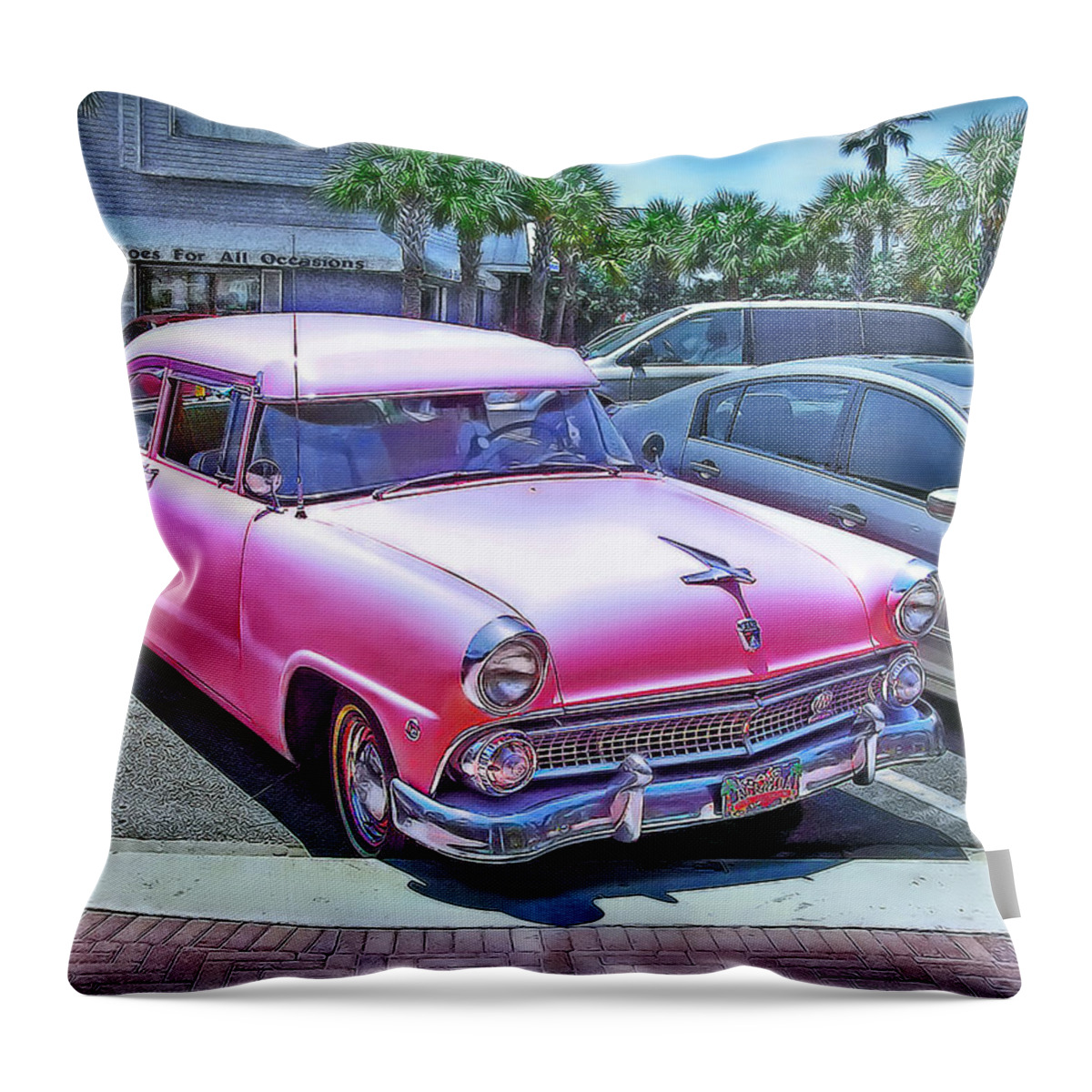 Ford Throw Pillow featuring the photograph Pink Beauty in the Parking-Lot by Hanny Heim